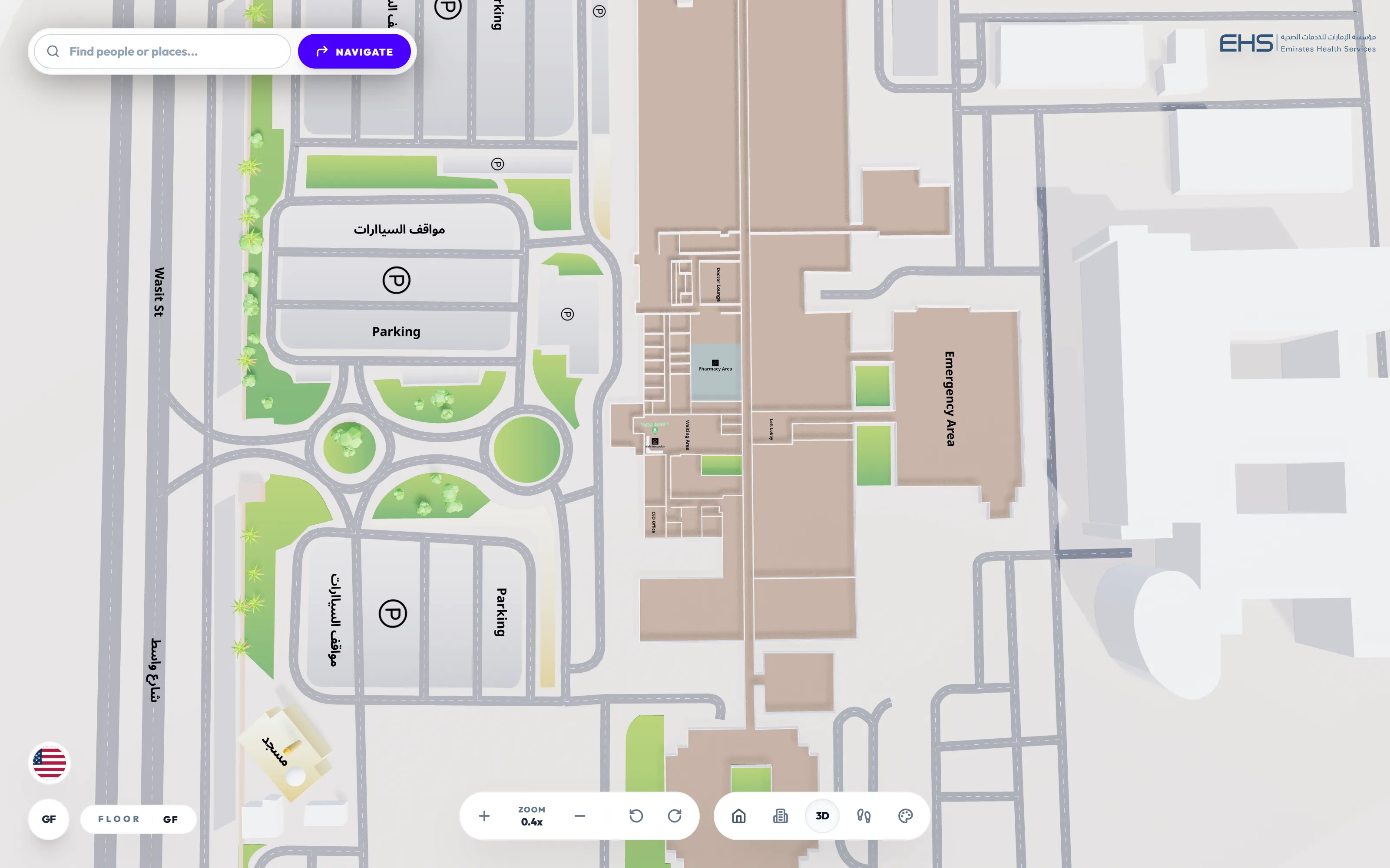Two-dimensional plan view of the same map: Al Qasimi Hospital