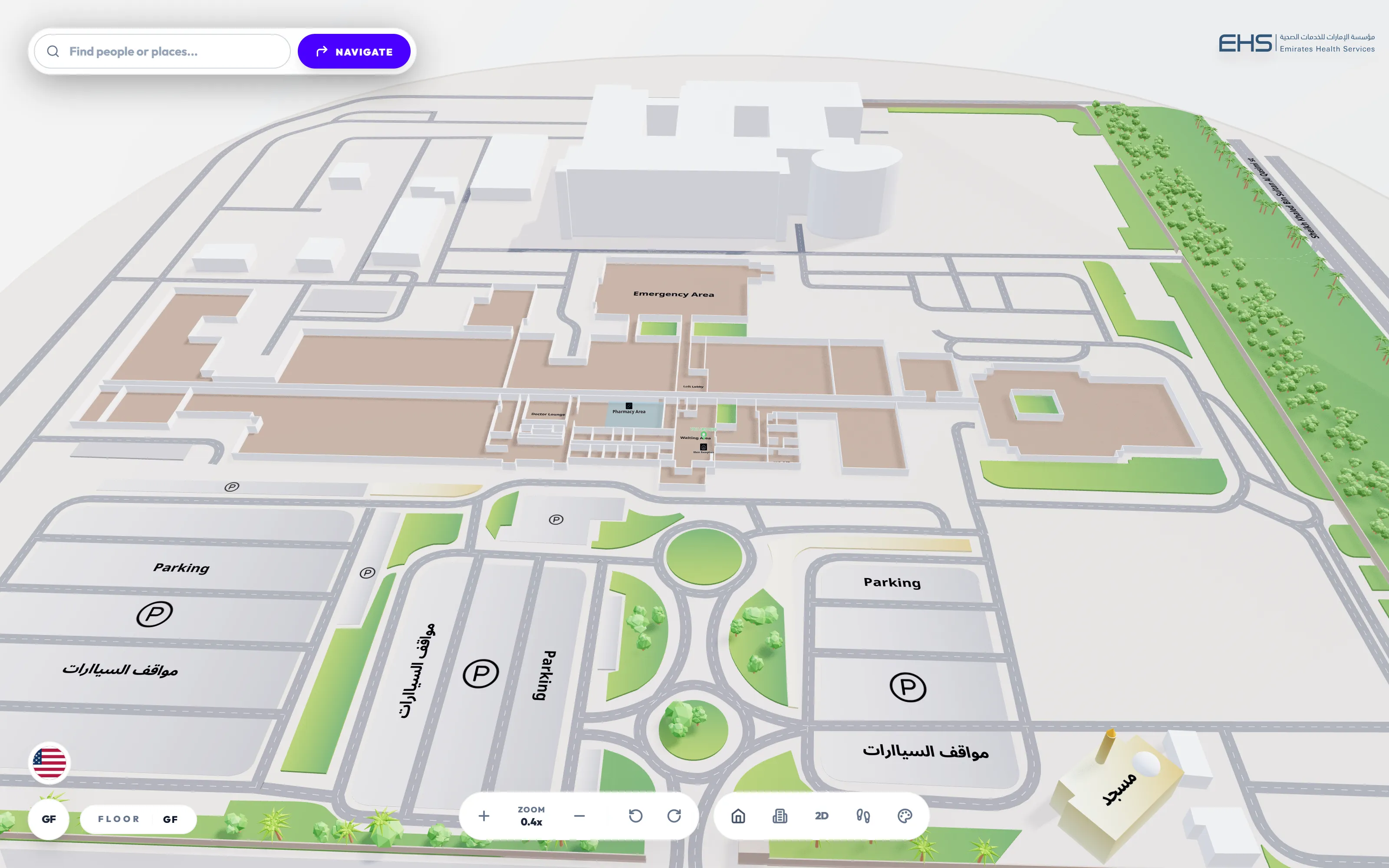 Mapwise 3D map of Al Qasimi Hospital for Emirates Health Services, showing the emergency area, pharmacy and parking with bilingual English and Arabic labels