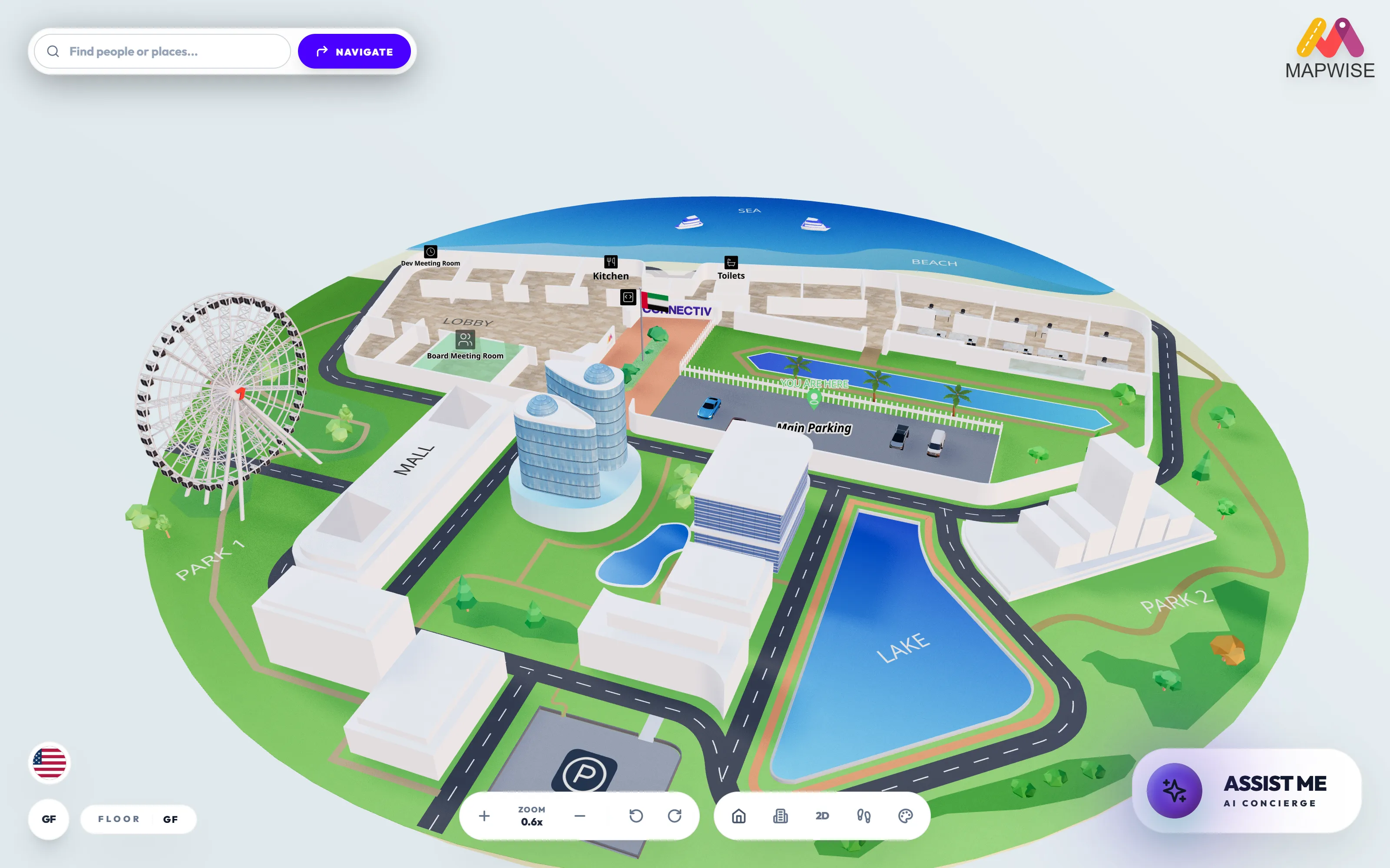 Mapwise 3D map of a mixed-use campus showing a mall, offices, parking, parks and a waterfront, with labelled points of interest