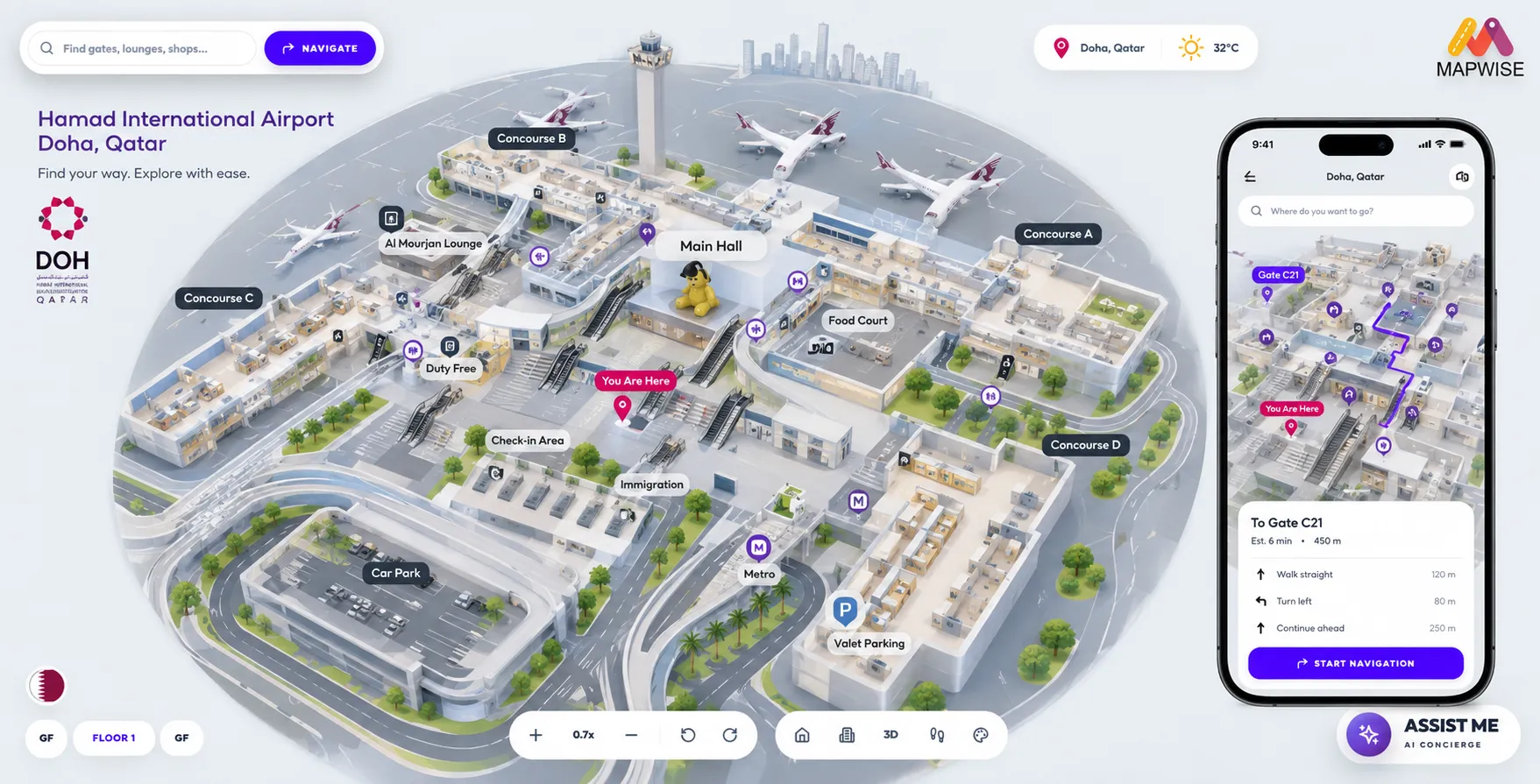 Mapwise 3D map of Hamad International Airport in Doha, showing concourses A to D, the main hall, duty free, check-in and immigration, alongside a phone giving turn-by-turn directions to Gate C21 with distance and walking time