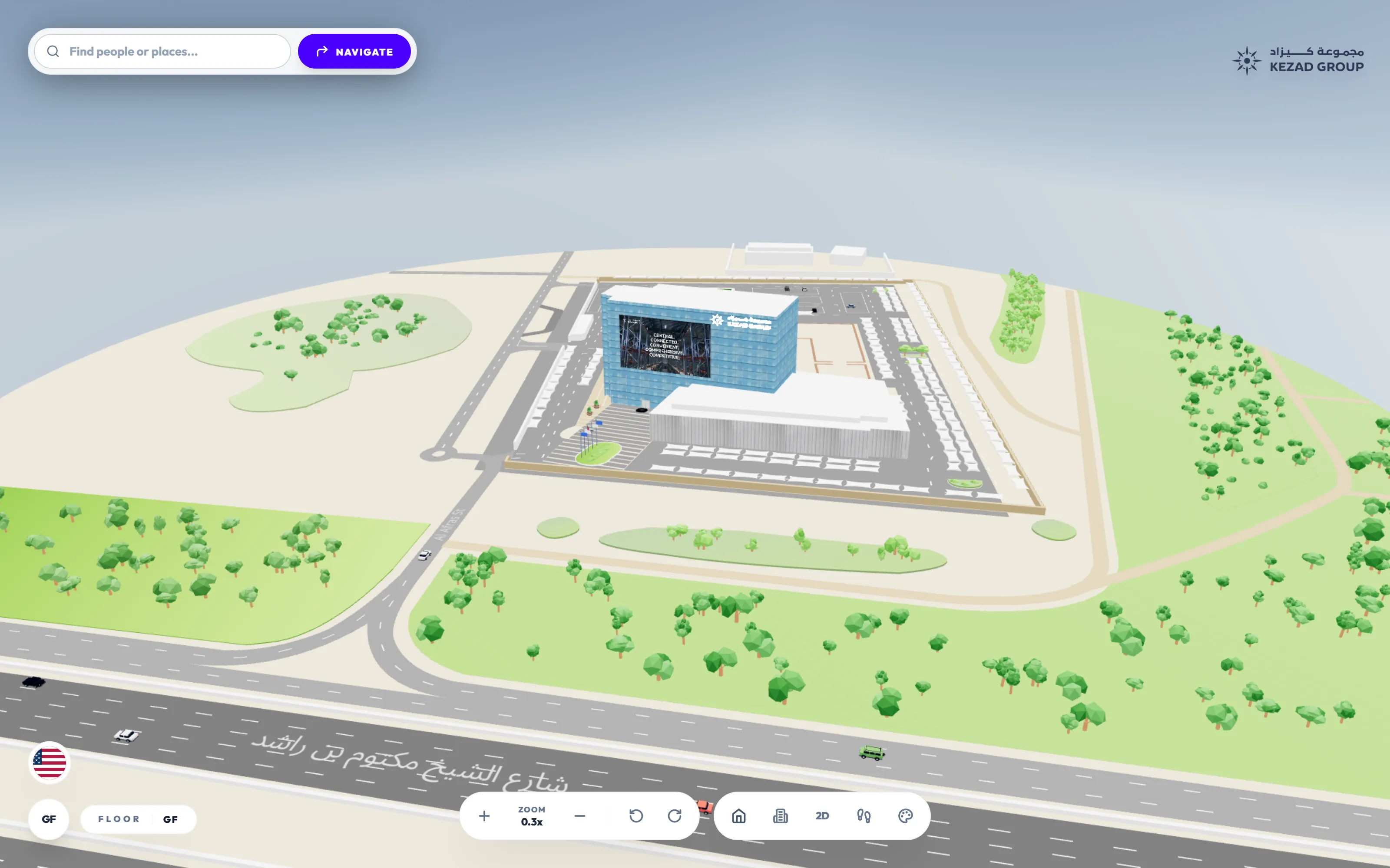 Mapwise 3D map of the KEZAD Group campus in Abu Dhabi, showing the main building, parking and surrounding roads with Arabic street labelling