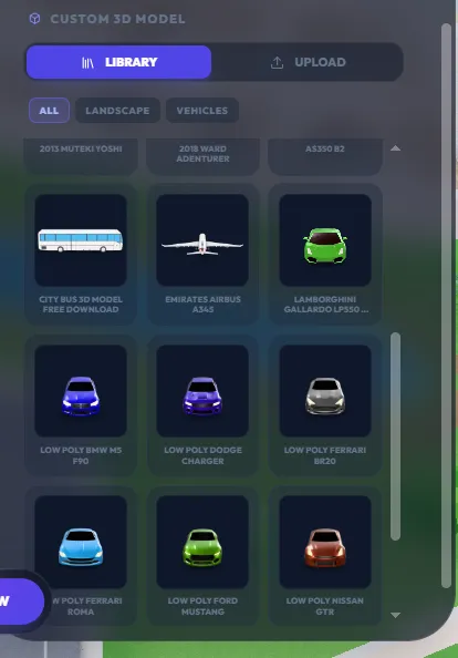 3D asset library and custom uploads
