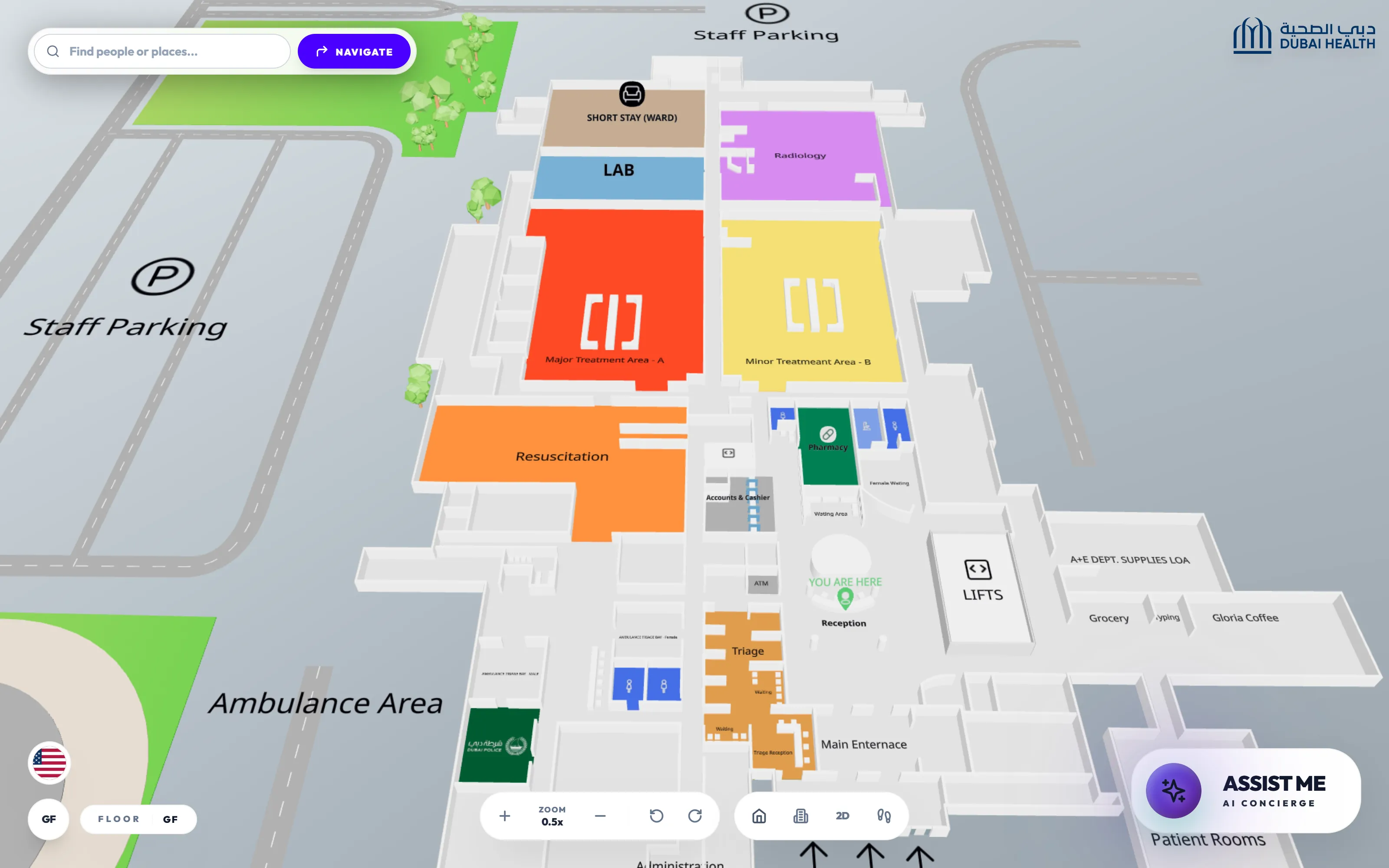 Mapwise 3D map of the emergency department at Rashid Hospital in Dubai, with triage, resuscitation, major and minor treatment areas, radiology, the lab and the pharmacy colour-coded, and a You Are Here marker at reception